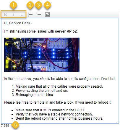 Example image of the Rich Text editing window, featuring a sentence demonstrating different fonts, an inline image, a bulleted list, and a numbered list. Callout numbers 1 through 5 are also present in yellow boxes.